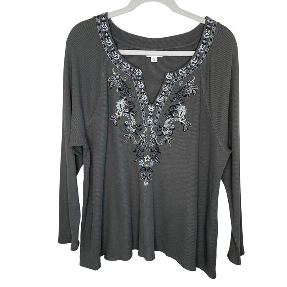 J. Jill Moss Green Waffle Knit Embroidered Thermal Top, XL Petite - Picture 1 of 8